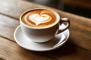 ai gegenereerd koffie kop in koffie winkel, latte kunst Aan houten tafel, kop van cappuccino met een hart vorm Aan de schuim, ai gegenereerd foto