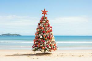 ai gegenereerd Kerstmis boom en cadeaus over- strand achtergrond foto