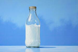 ai gegenereerd een glas fles met vol melk Aan blauw achtergrond. ai gegenereerd foto