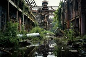ai gegenereerd ruïnes van een heel zwaar vervuild industrieel fabriek, plaats was bekend net zo een van de meest vervuild steden in Europa, een uitgestorven verlaten fabriek ingehaald door natuur, ai gegenereerd foto