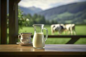 ai gegenereerd glas werper met vers melk Aan een houten tafel. ai gegenereerd foto