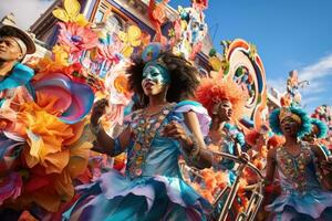 ai gegenereerd deelnemers in de barranquilla carnaval in barranquilla, Colombia. barranquilla carnaval is een van de grootste carnaval in de wereld, een levendig kleurrijk carnaval optocht met dansers foto