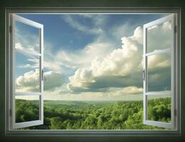 ai gegenereerd omarmen natuur panoramisch visie van een landelijk zomer veld- door een geopend venster, brengen de schoonheid van de buitenshuis binnen. foto