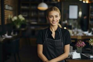 ai gegenereerd vrouw serveerster in een zwart jurk en schort staand in restaurant foto
