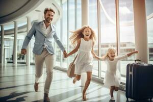 ai gegenereerd vrolijk weinig meisje en haar knap jong vader zijn Holding handen en glimlachen terwijl vliegend in luchthaven, mooi gelukkig opgewonden familie met een rugzak en koffers in modern hotel foto