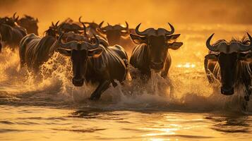 ai gegenereerd een dynamisch tafereel van een kudde van wildebeesten galopperen door water, gemarkeerd door de warm, gouden licht van de zon foto