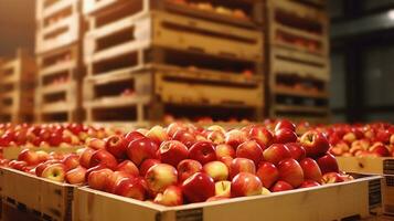 ai gegenereerd appels in een voedsel verwerken faciliteit, schoon en vers in op te slaan . generatief ai foto