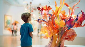 ai gegenereerd jong jongen bewonderend kleurrijk museum beeldhouwwerk foto