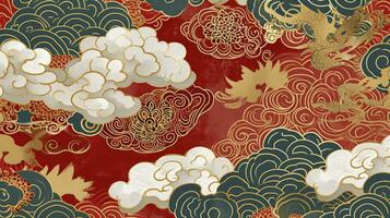 ai gegenereerd Chinese gunstig wolk patroon met rood en goud thema's. foto