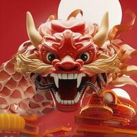 ai gegenereerd Chinese draak hoofd rood achtergrond, 3d stijl. foto
