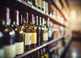 ai gegenereerd abstract vervagen wijn flessen Aan likeur alcohol schappen in supermarkt op te slaan achtergrond. generatief ai foto