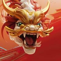 ai gegenereerd Chinese draak hoofd rood achtergrond, 3d stijl. foto