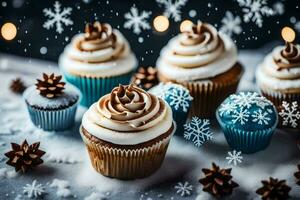 ai gegenereerd cupcakes met glimmertjes en sneeuwvlokken Aan een tafel foto