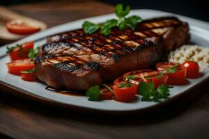 ai gegenereerd gegrild steak Aan een bord met tomaten en rijst- foto