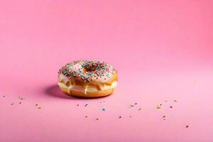 ai gegenereerd een donut met hagelslag Aan een roze achtergrond foto