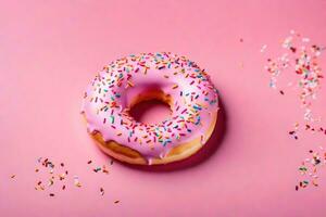 ai gegenereerd een roze donut met hagelslag Aan een roze achtergrond foto