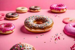ai gegenereerd donuts Aan een roze achtergrond foto