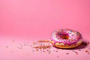 ai gegenereerd een donut met hagelslag Aan een roze achtergrond foto