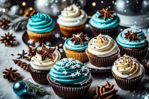 ai gegenereerd Kerstmis cupcakes Aan een bord foto