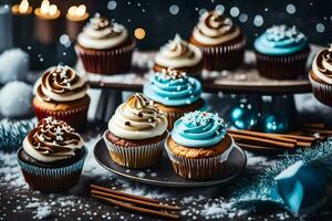 ai gegenereerd Kerstmis cupcakes Aan een bord foto