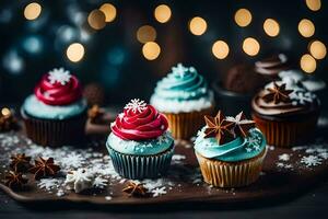 ai gegenereerd Kerstmis cupcakes Aan een bord foto