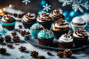 ai gegenereerd Kerstmis cupcakes Aan een bord foto