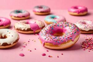 ai gegenereerd donuts met hagelslag Aan een roze achtergrond foto