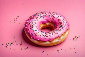 ai gegenereerd een donut met roze glimmertjes en hagelslag Aan een roze achtergrond foto