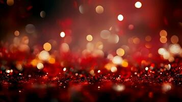 ai gegenereerd rood schitteren achtergrond met bokeh lichten achtergrond. abstract glimmend rood schitteren textuur, onscherp licht behang. generatief ai foto