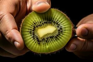 ai gegenereerd zorgeloos Mens aan het eten vers kiwi met lepel. genereren ai foto