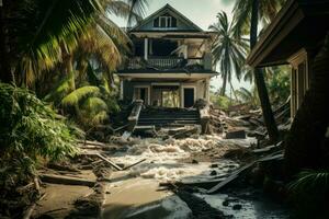 ai gegenereerd verwoestend orkaan vernietigen huis overstroming. genereren ai foto