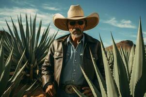 ai gegenereerd winterhard Mens cowboy agave veld- woestijn. genereren ai foto