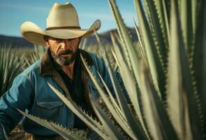 ai gegenereerd veerkrachtig Mens cowboy agave veld- woestijn. genereren ai foto