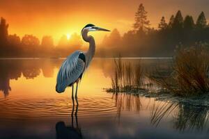 ai gegenereerd stralend reiger meer zonsondergang. genereren ai foto