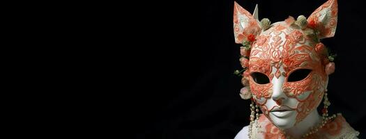 ai gegenereerd geborduurd roos koraal figuur kitsune gemaskeerd vrouw spandoek. genereren ai foto