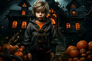 ai gegenereerd spookachtig jongen halloween huis. genereren ai foto