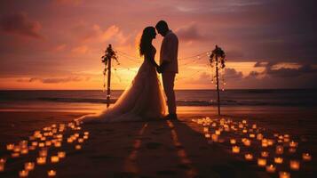 ai gegenereerd gelukkig paar vieren bruiloft ceremonie Aan de strand, luxueus zonsondergang foto