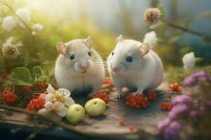 ai gegenereerd twee schattig hamsters in tuin vegetatie. genereren ai foto