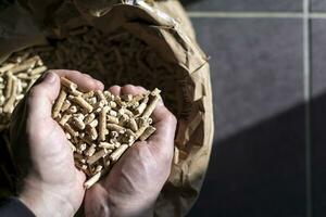 man's handen Holding Spar pellet bovenstaand een kraft zak foto