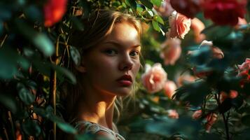 ai gegenereerd detailopname portret van vrouw gezicht in een roos tuin foto