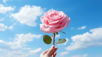 ai gegenereerd realistisch roos beeld Holding een roze roos tegen een Doorzichtig blauw lucht. foto
