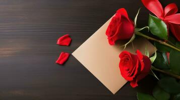 ai gegenereerd rood rozen en uitnodiging kaart romantisch detailopname foto
