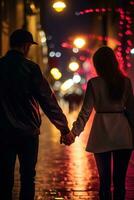 ai gegenereerd romantisch paar Holding handen in stad nacht lichten foto