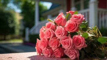 ai gegenereerd ochtend- licht elegantie detailopname van delicaat roze rozen foto