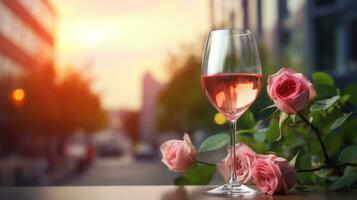 ai gegenereerd romantisch wijn glas en rozen boeket Aan vervagen gebouw achtergrond foto