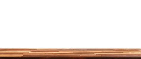 leeg houten tafel voorkant visie Aan een wit achtergrond foto