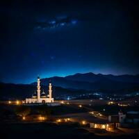 ai gegenereerd sterrenhemel overpeinzing van Islamitisch moskee in middernacht stilte foto