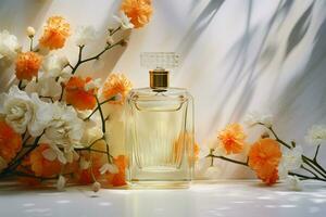 ai gegenereerd geur elegantie parfum flessen en bloemen genade een mooi wit backdrop foto