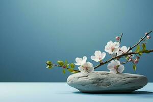 ai gegenereerd gemakkelijk steen en bloemen tafereel Aan een licht blauw backdrop foto