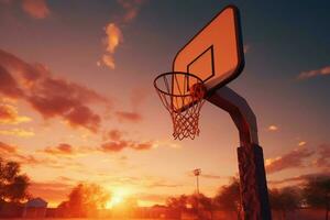 ai gegenereerd dynamisch 3d tafereel basketbal zwiept door hoepel tegen zonsondergang backdrop foto